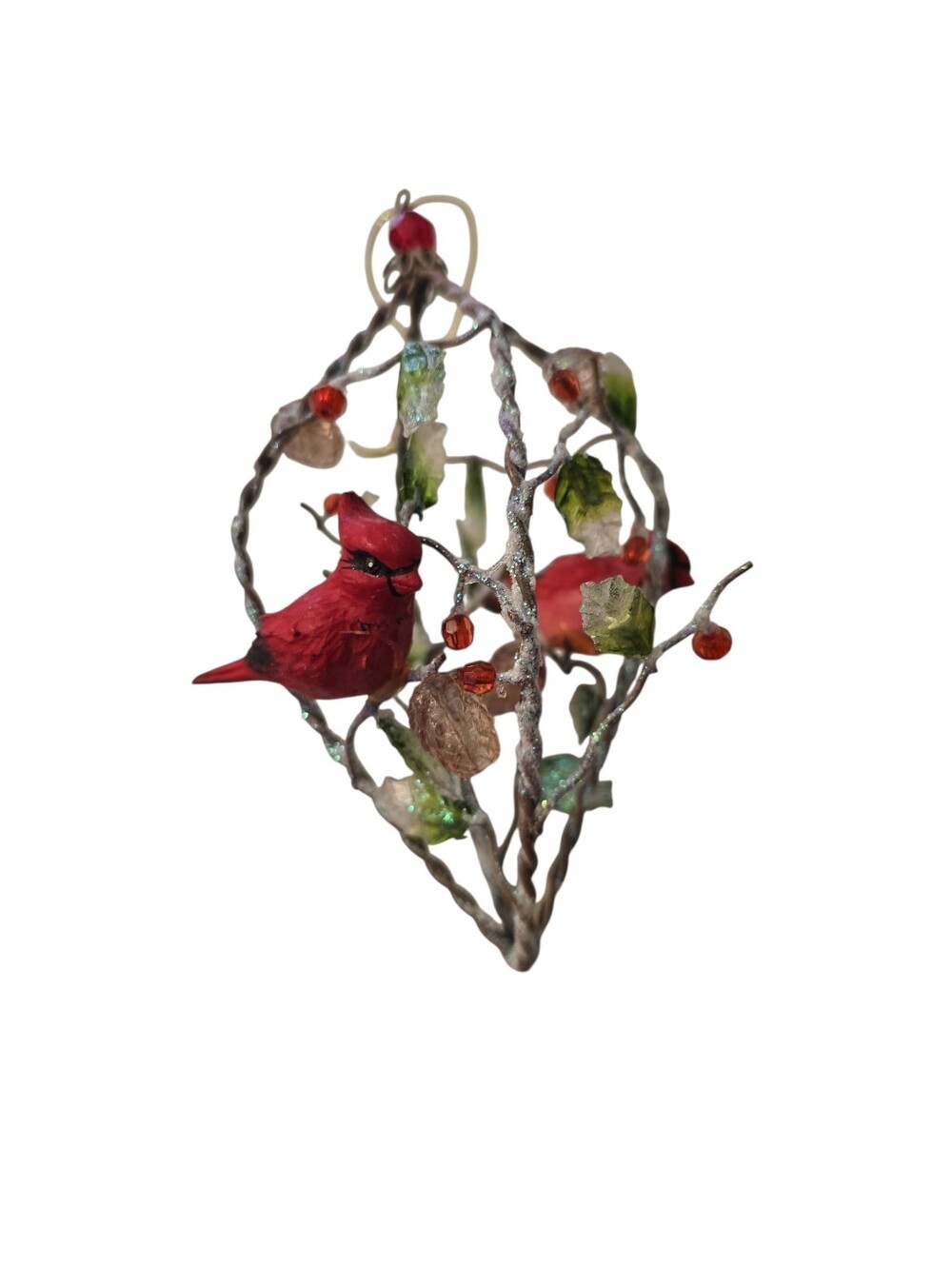 Sullivan? Cardinals on Sparkly Twisted Metal Glass? Leaves Pinecones Ornament